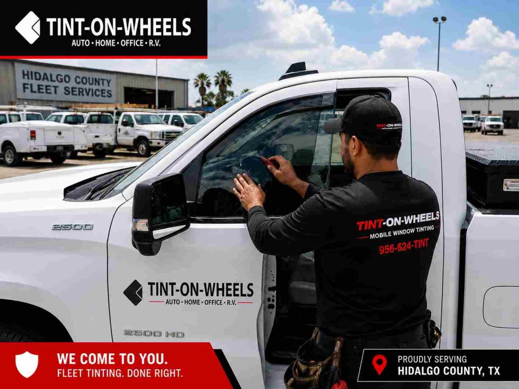 Mobile tinting technician working on a contractor pickup at a Hidalgo County fleet yard